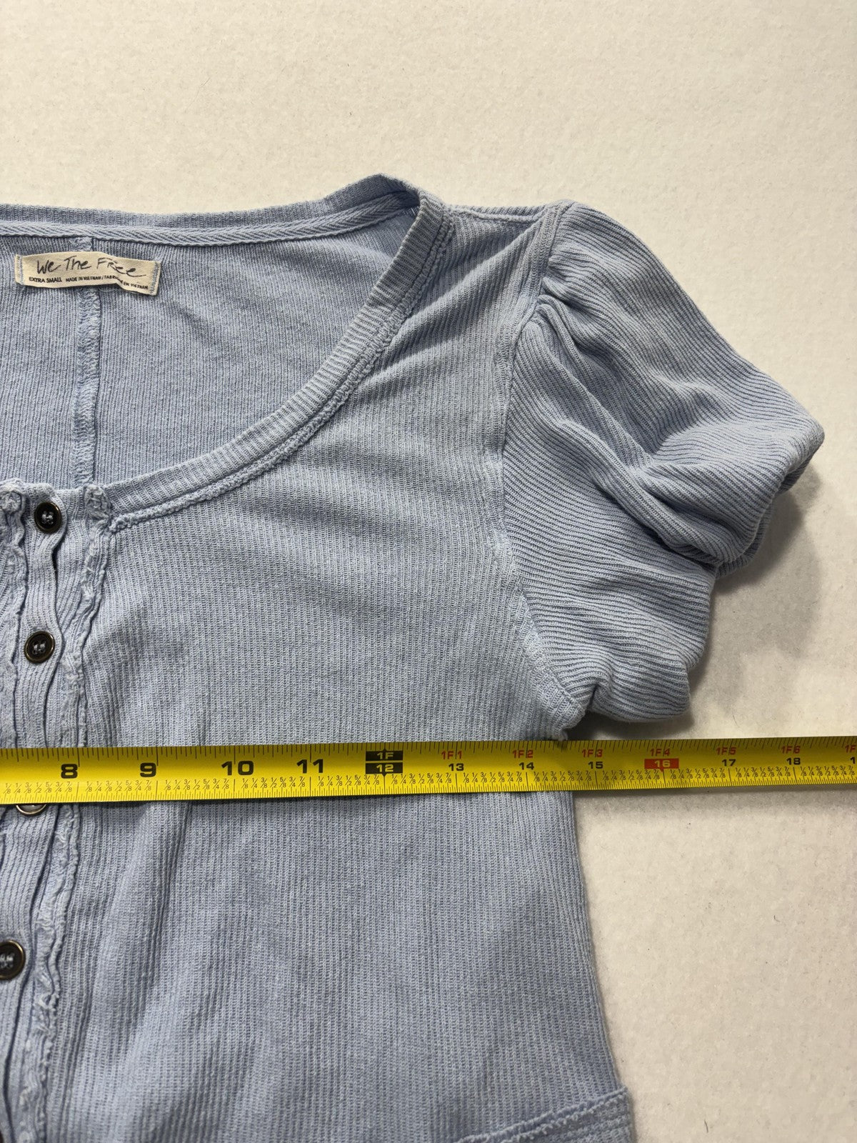 We The Free Shirt Womens XS Blue Scoop Neck Puff Sleeve Cropped Button Knit Top