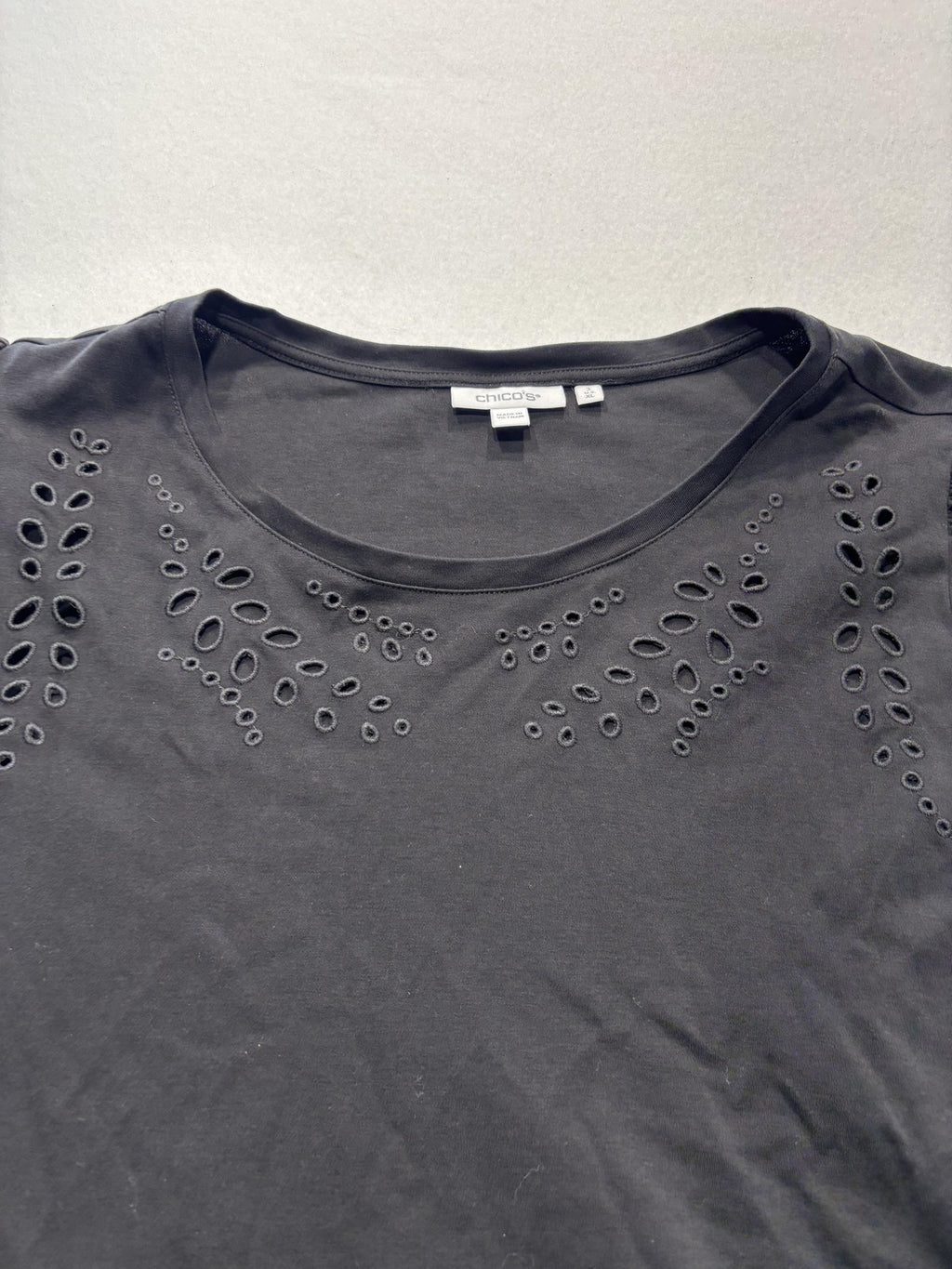 Chico's Shirt Womens XL Black Crew Neck Flutter Sleeve Eyelet Cotton Top