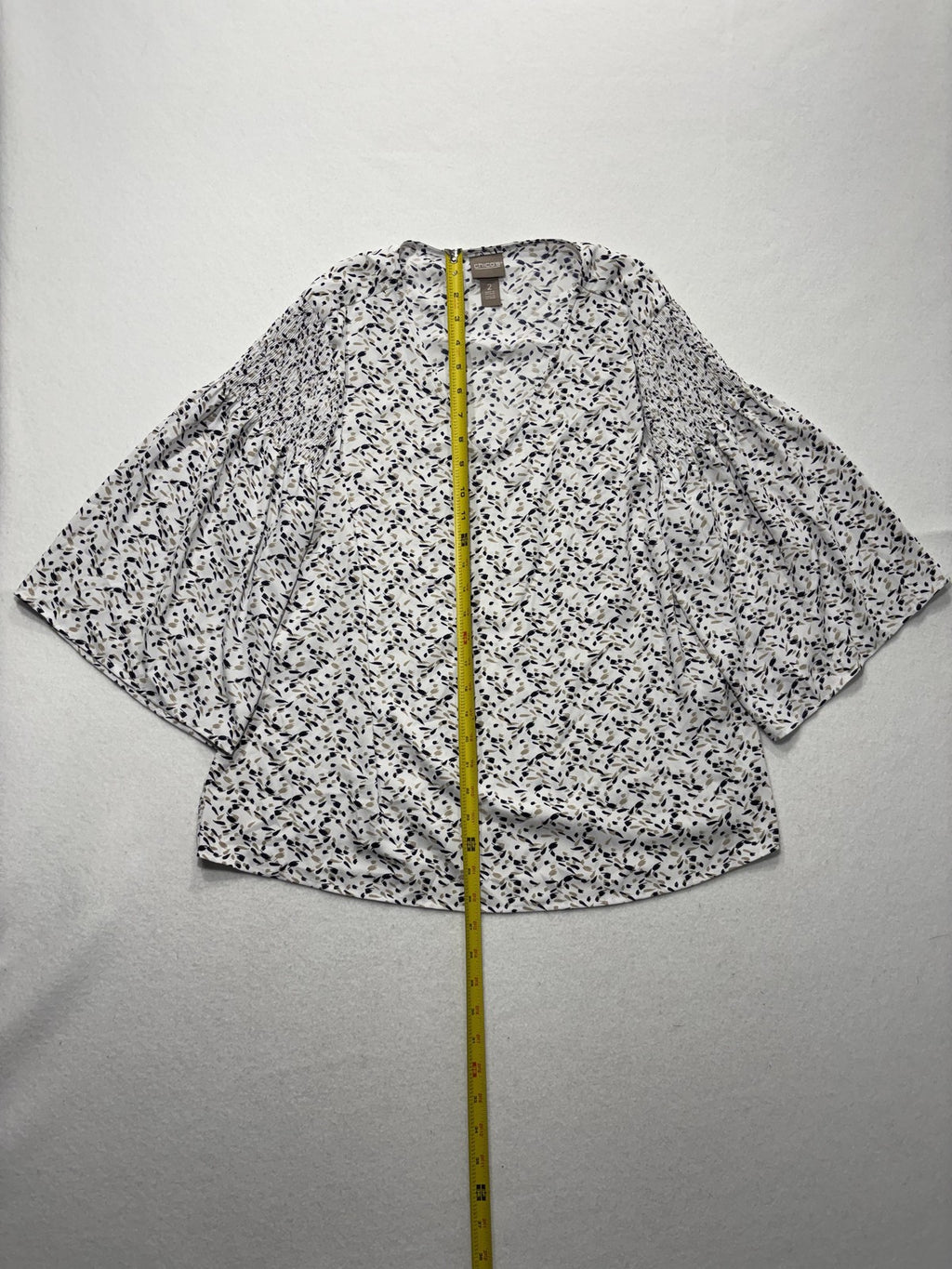 Chico's Blouse Womens 2 White Floral V Neck 3/4 Bell Sleeve Lightweight Tunic