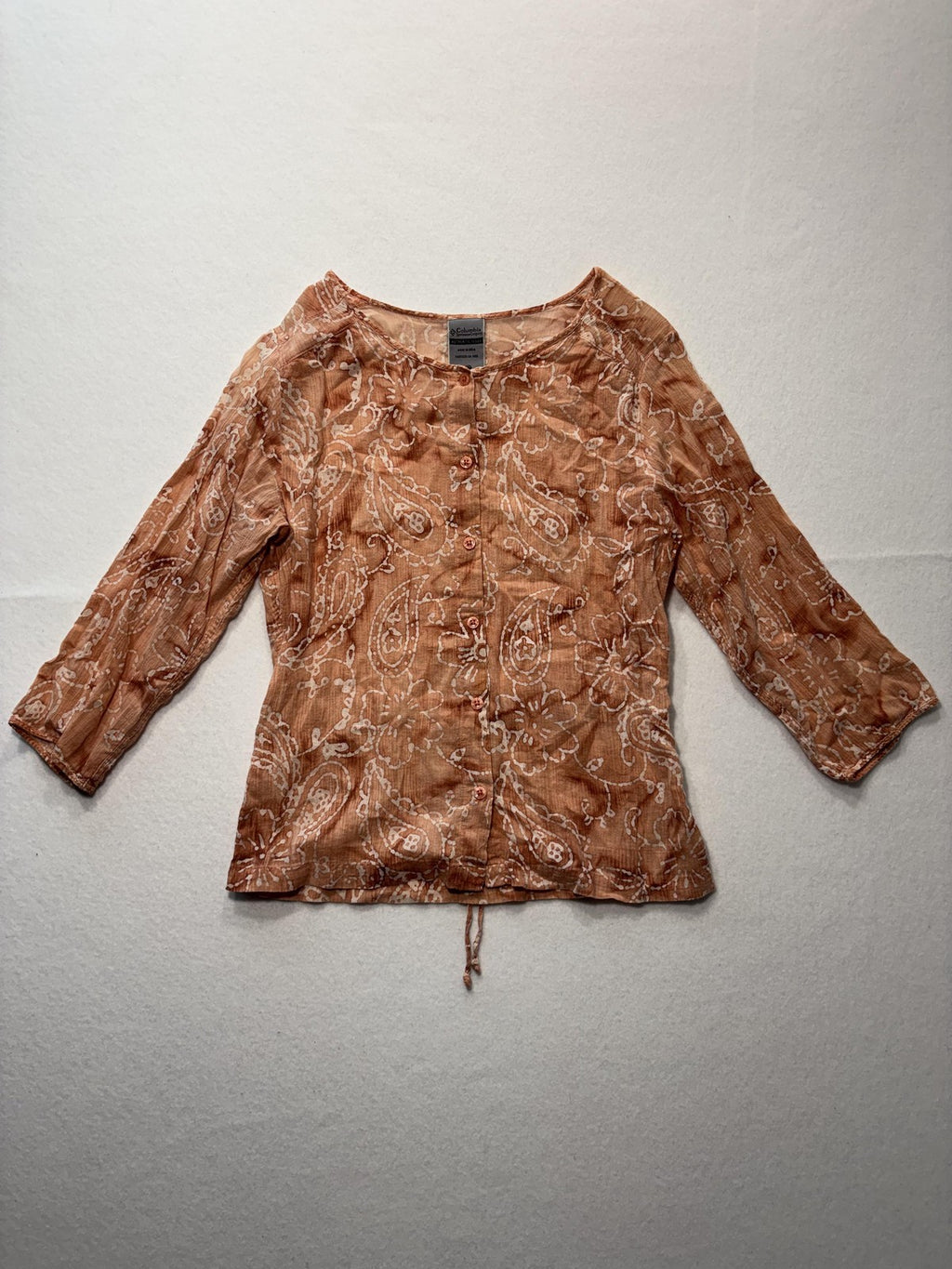 Columbia Blouse Womens Small Brown Paisley 3/4 Sleeve Tunic Button Front Cotton