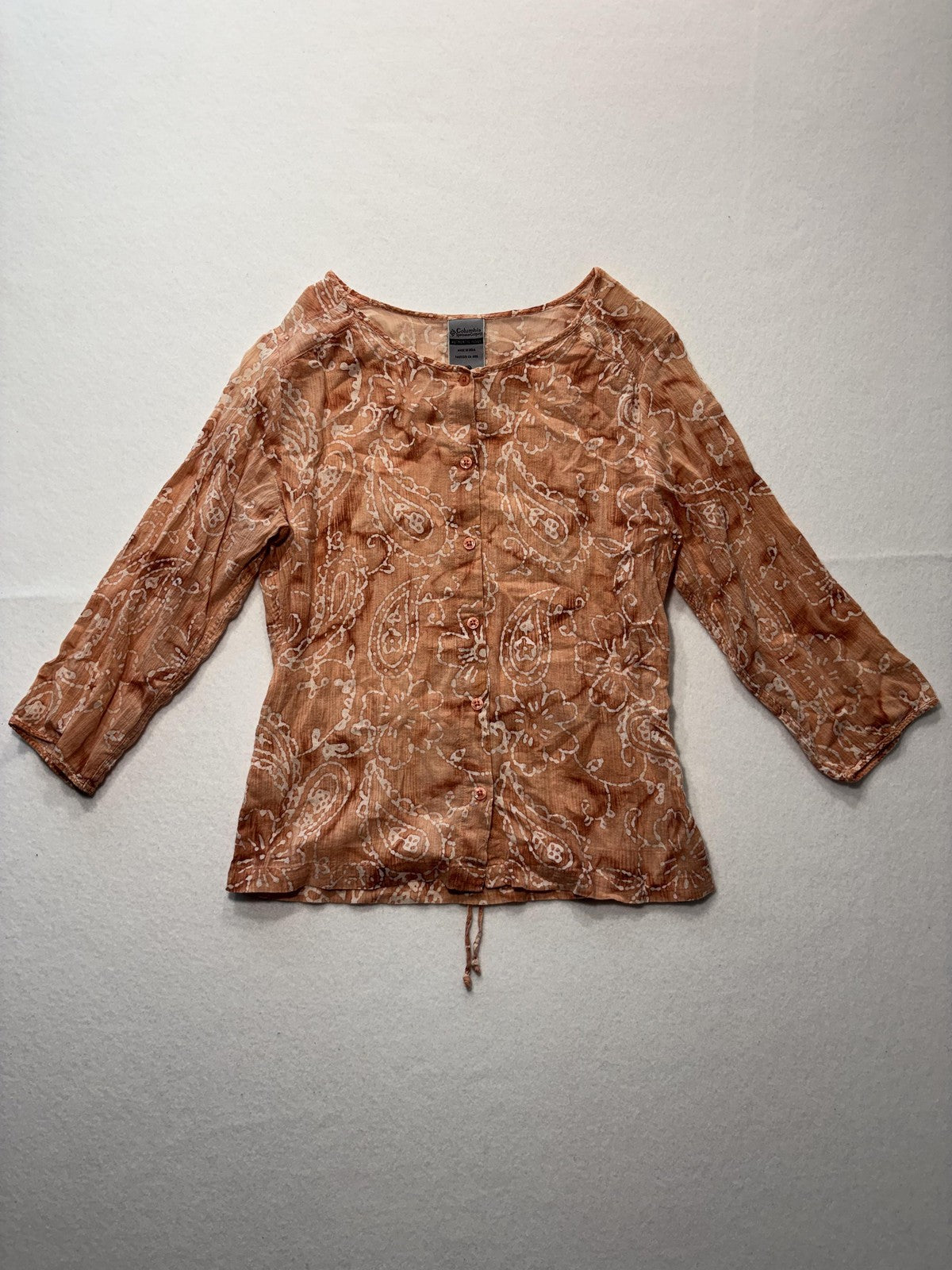 Columbia Blouse Womens Small Brown Paisley 3/4 Sleeve Tunic Button Front Cotton