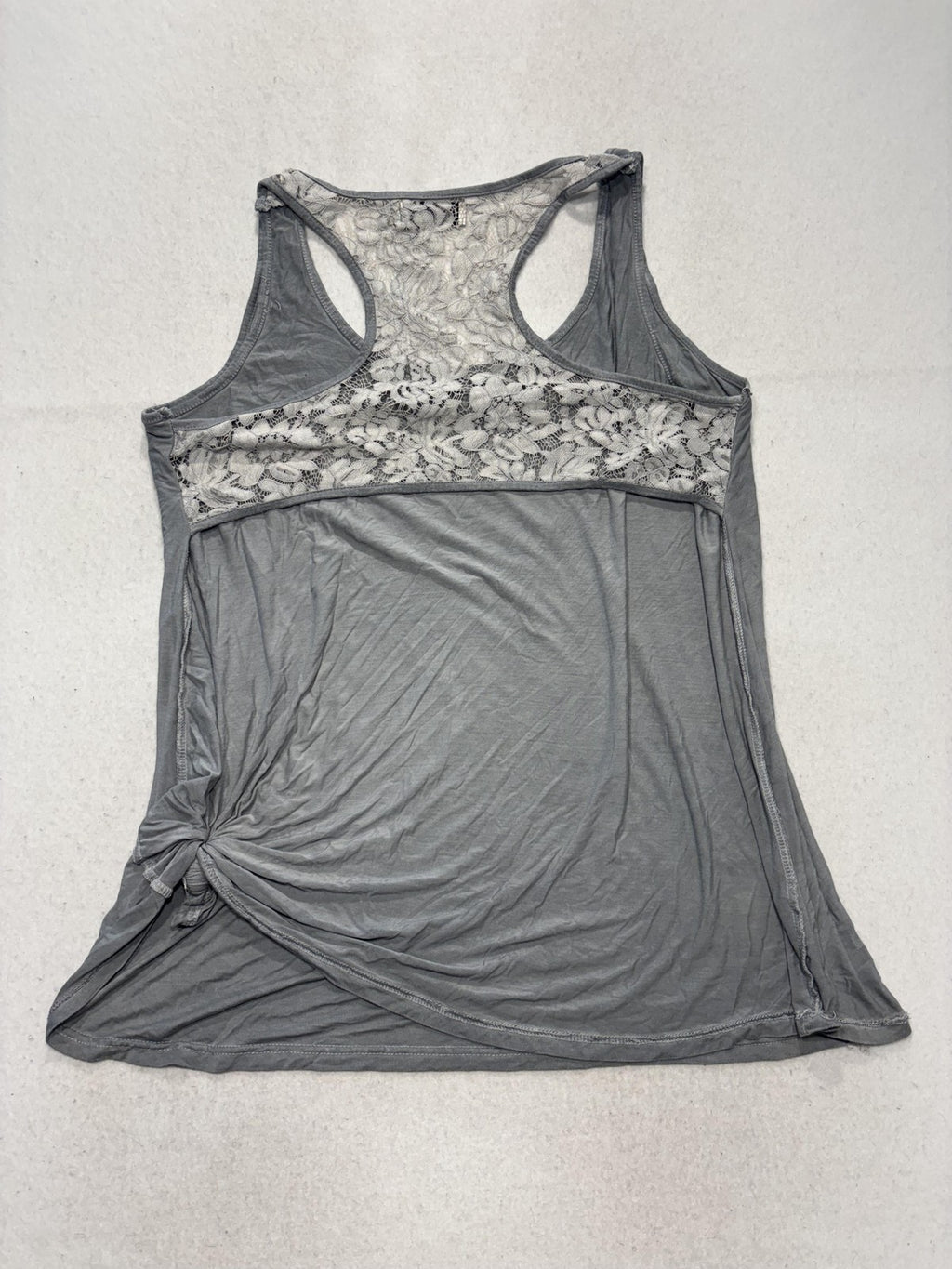 Tank Top Womens L Gray Scoop Neck Lace Racerback Knot Hem Summer Casual Stretch