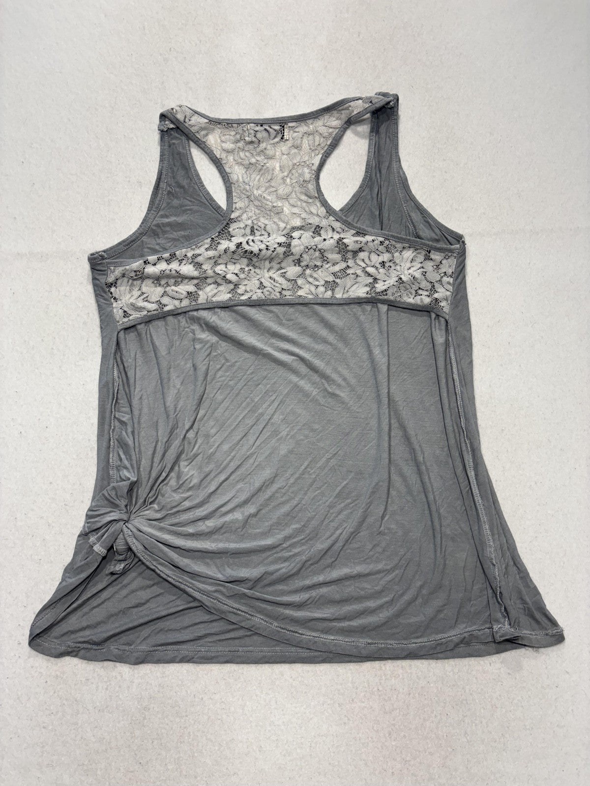 Tank Top Womens L Gray Scoop Neck Lace Racerback Knot Hem Summer Casual Stretch