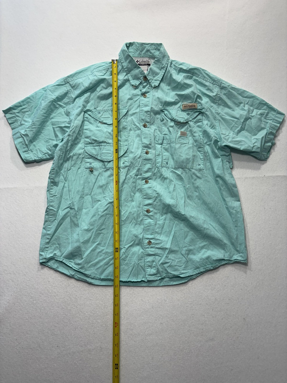 Columbia PFG Shirt Mens Medium Green Short Sleeve Fishing Button Up Vented