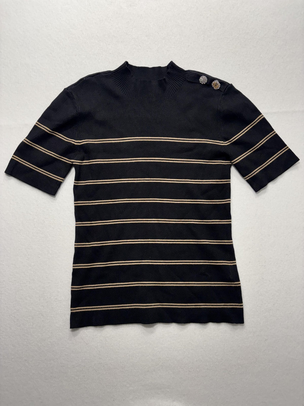 Ellen Tracy Sweater Womens Large Black Stripe Mock Neck Jeweled Shoulder Knit