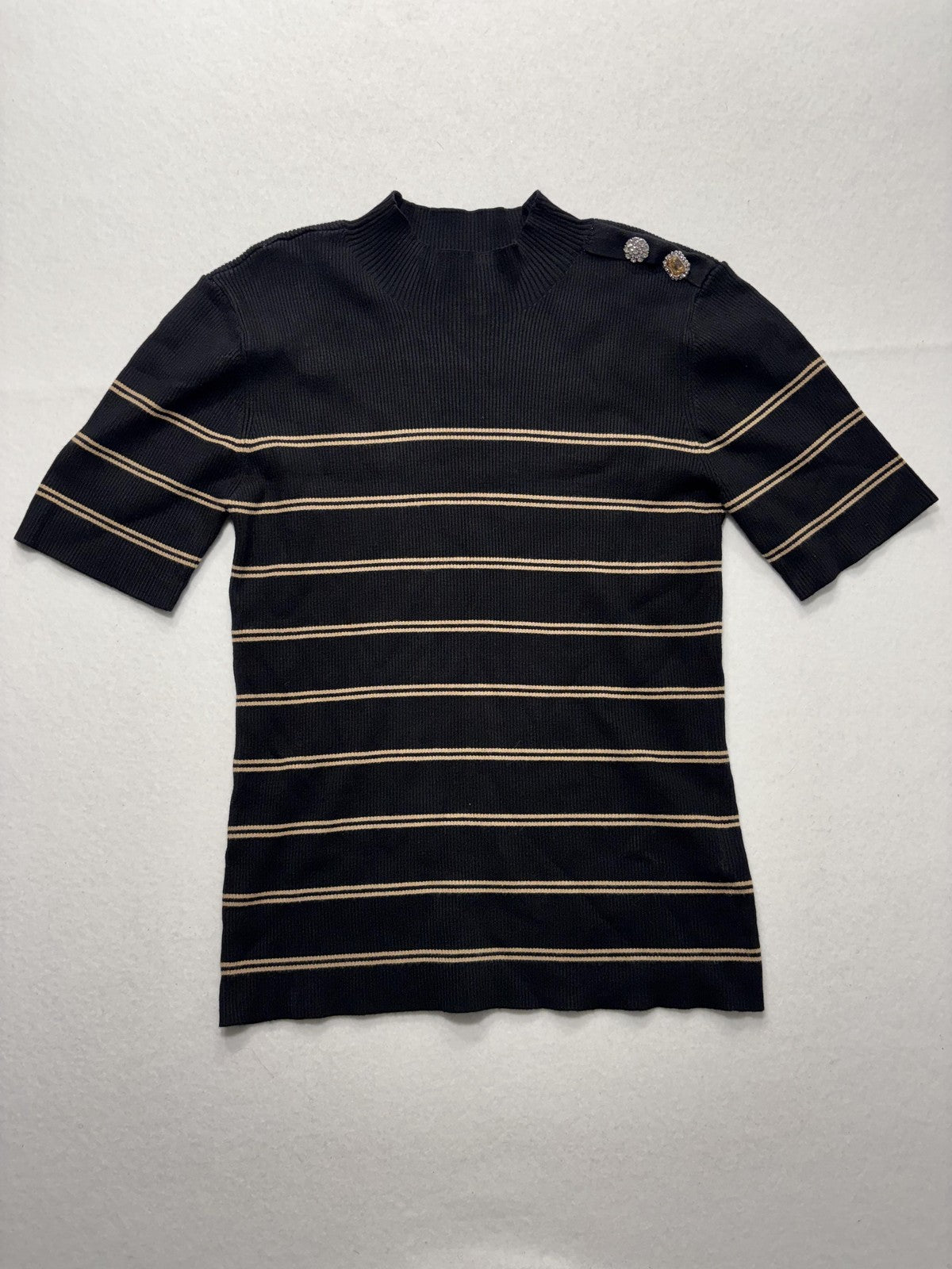 Ellen Tracy Sweater Womens Large Black Stripe Mock Neck Jeweled Shoulder Knit