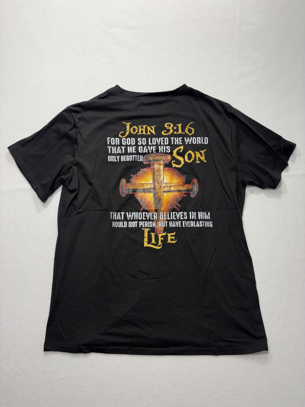 John 3:16 Shirt Mens Large Black Christian Cross Bible Verse Graphic Tee Print