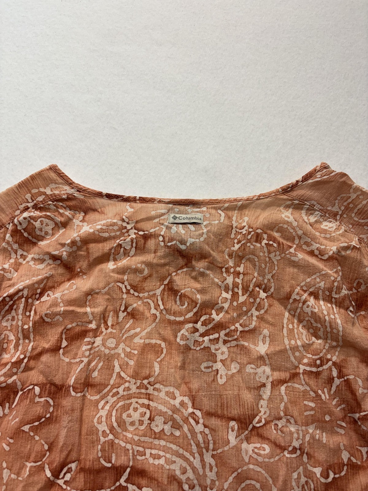 Columbia Blouse Womens Small Brown Paisley 3/4 Sleeve Tunic Button Front Cotton