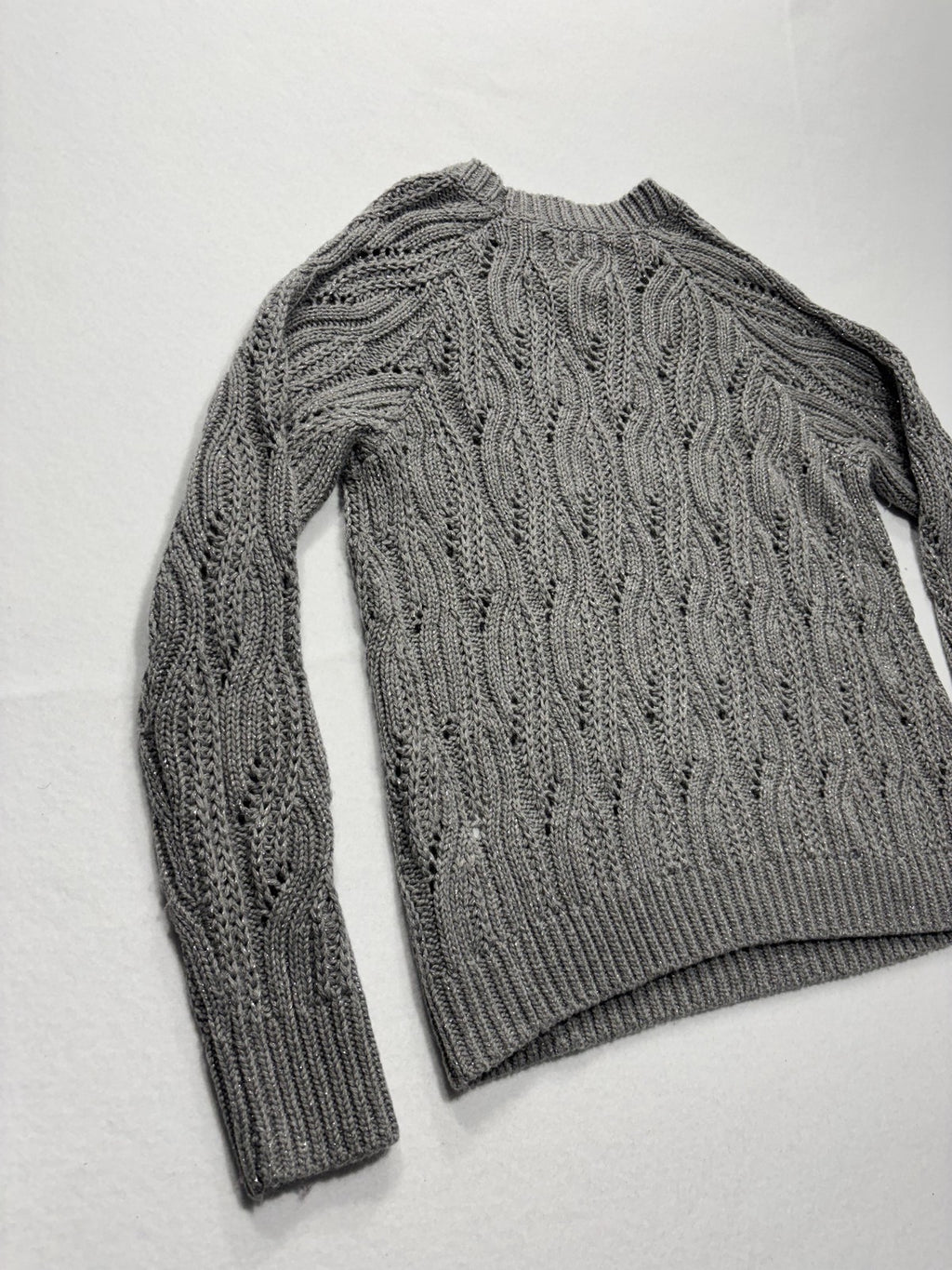 Lucky Brand Sweater Womens Small Gray Open Knit Crew Neck Raglan Glitter Alpaca