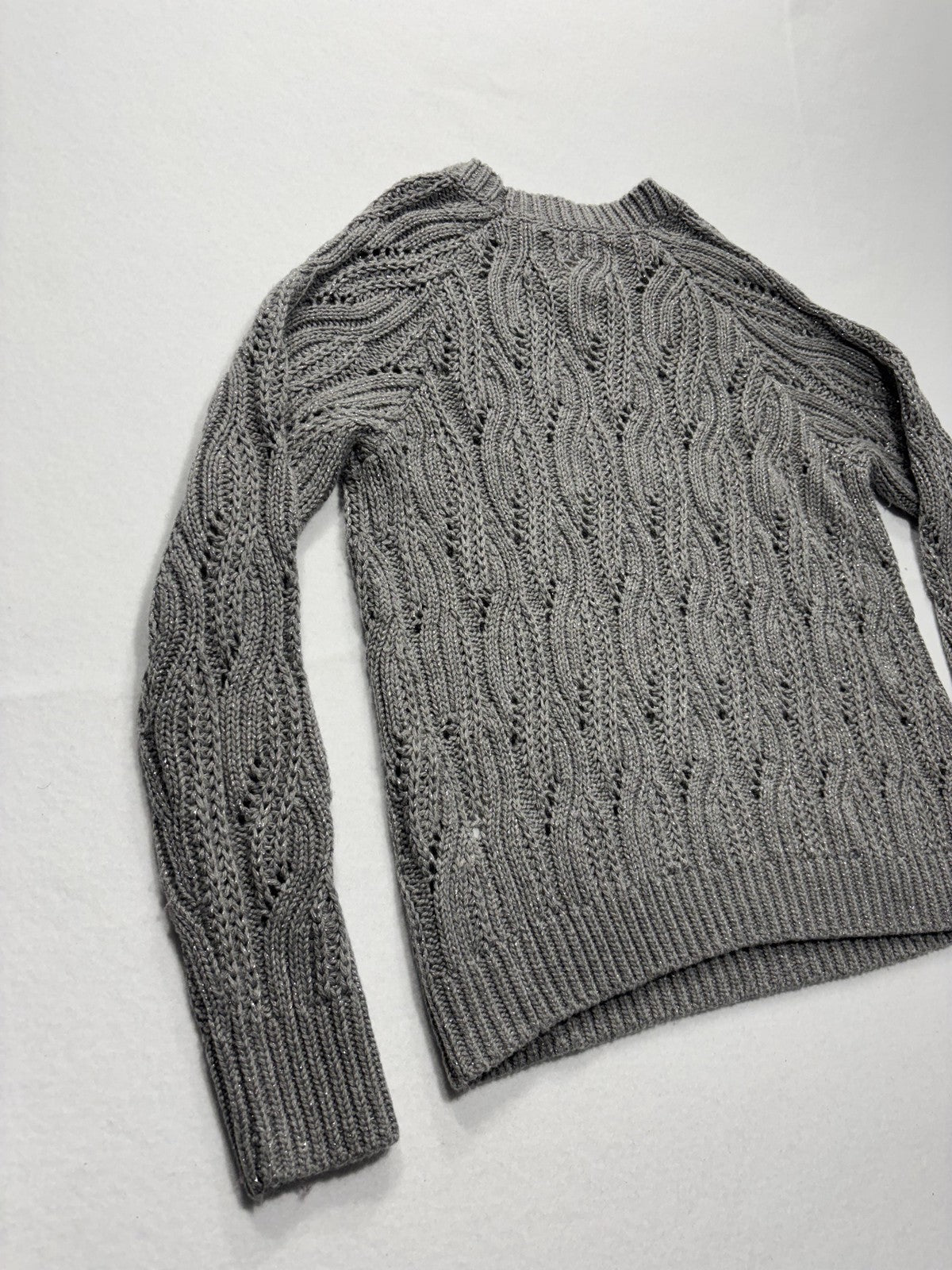 Lucky Brand Sweater Womens Small Gray Open Knit Crew Neck Raglan Glitter Alpaca