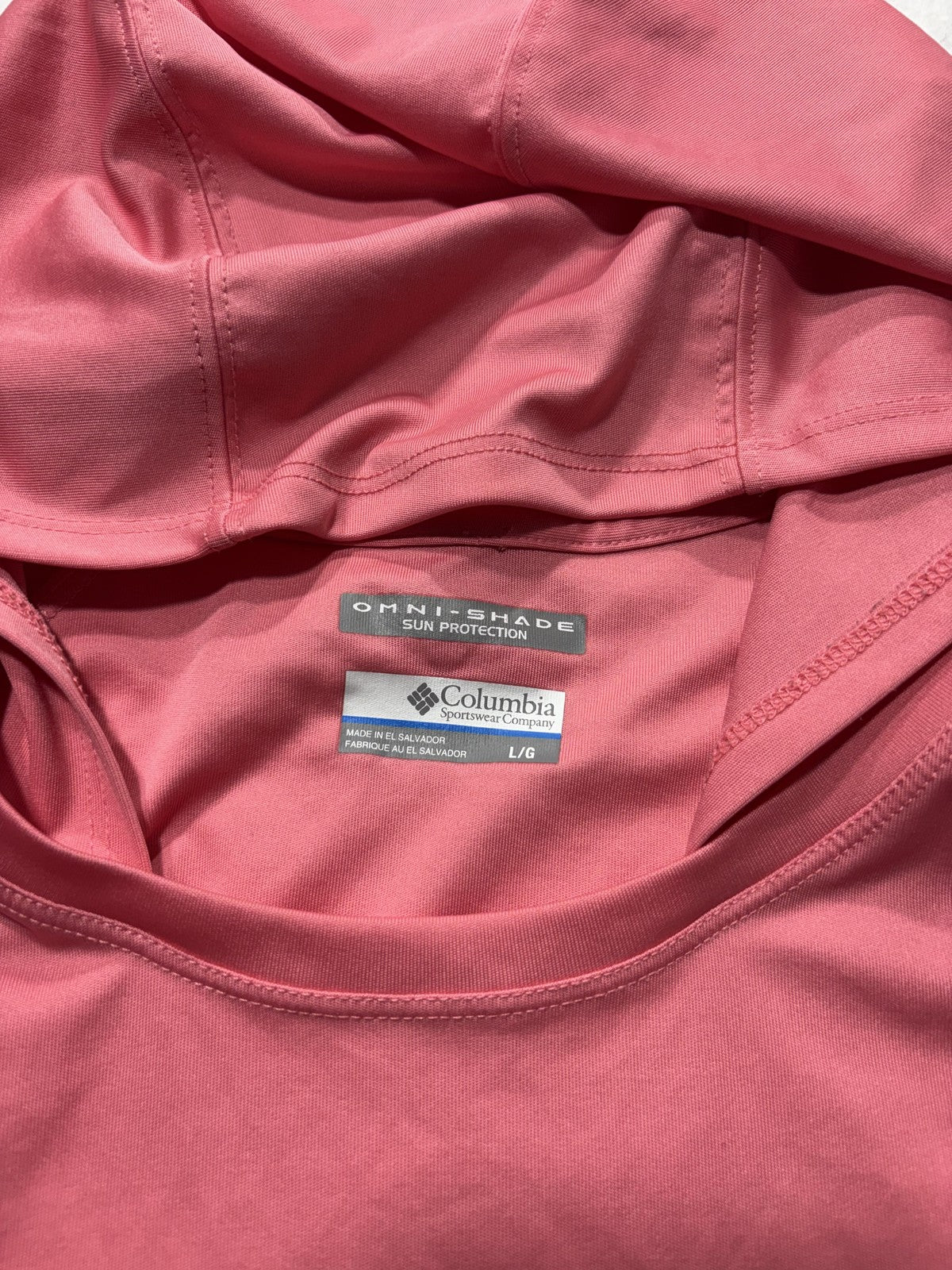 Columbia PFG Omni-Shade Shirt Womens L Pink Hooded Long Sleeve Sun Protection