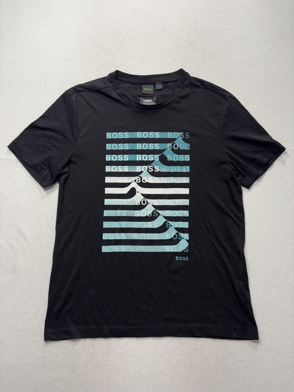 Boss Shirt Mens Large Black Bionic BOSS Logo Stripe Graphic Short Sleeve Tee