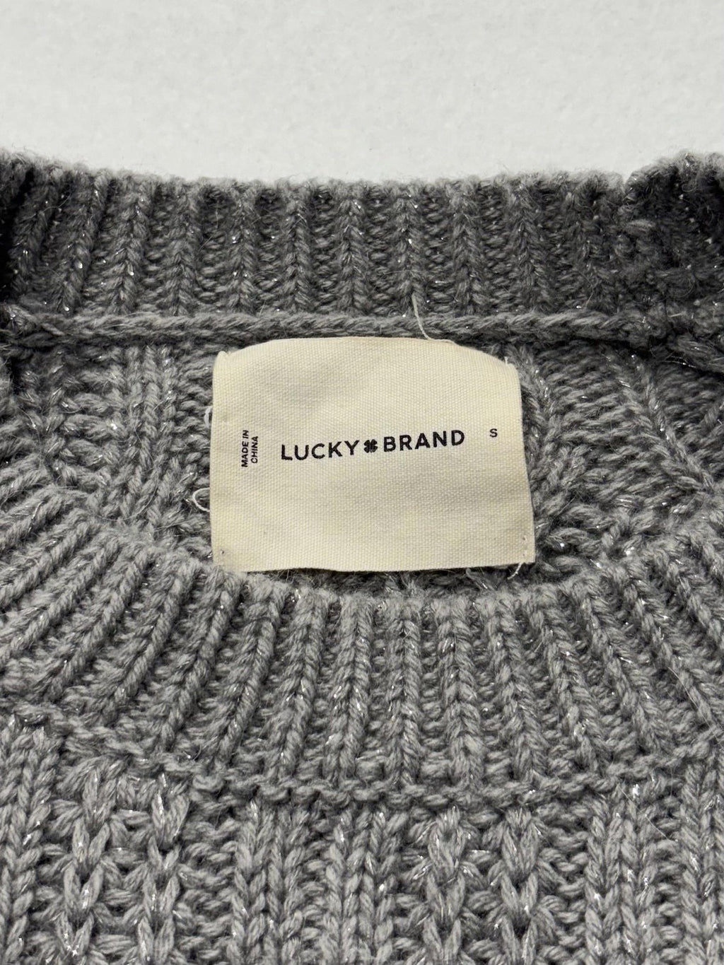 Lucky Brand Sweater Womens Small Gray Open Knit Crew Neck Raglan Glitter Alpaca
