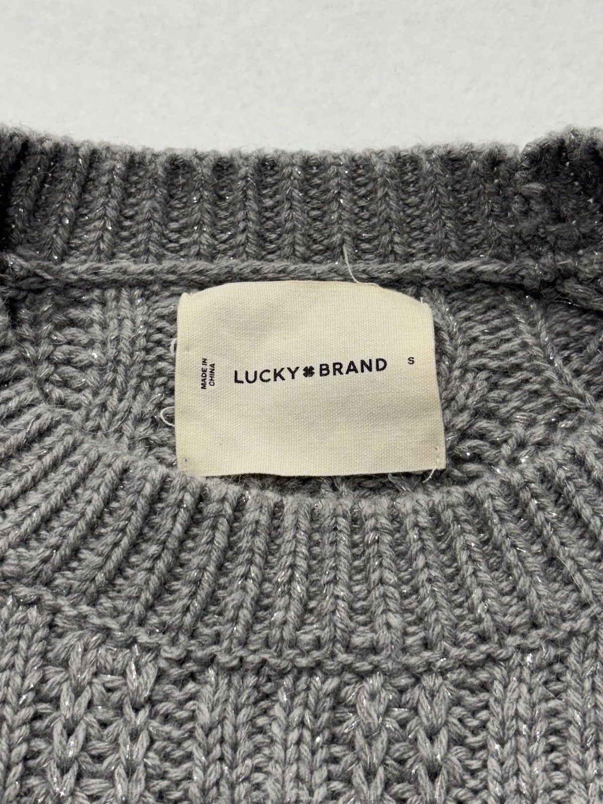 Lucky Brand Sweater Womens Small Gray Open Knit Crew Neck Raglan Glitter Alpaca