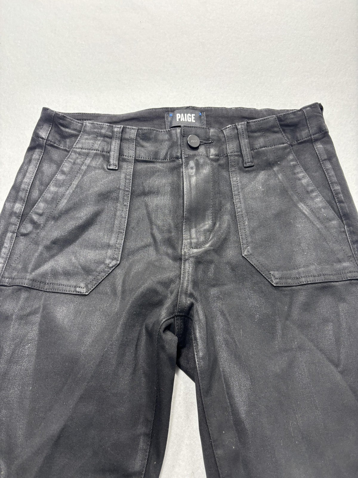 Paige Pants Womens 27 Black Mayslie Coated Denim Jogger Ankle Zip Cuffed Stretch