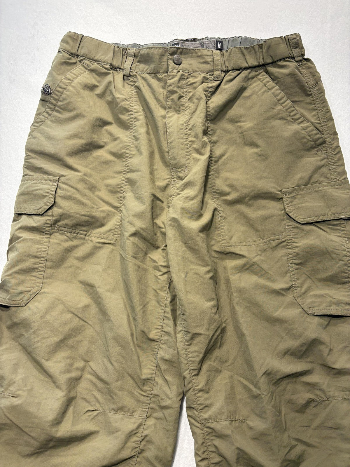 REI Cargo Pants Mens Large Green Nylon Elastic Waist UPF 50 Hiking Outdoor