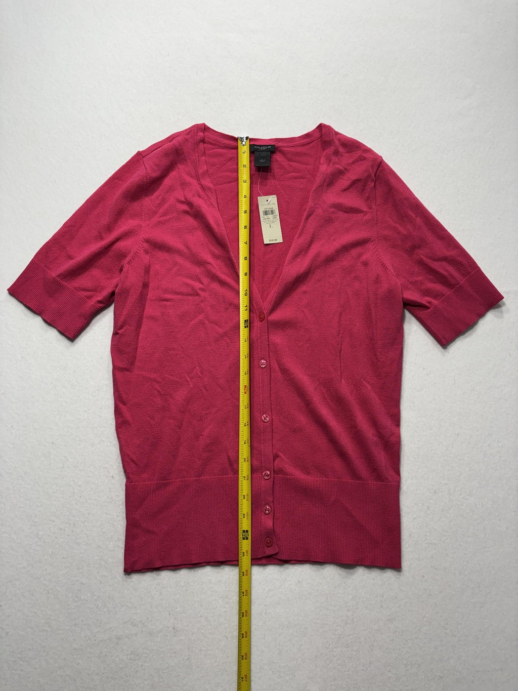 Ann Taylor Cardigan Womens Large Pink V Neck Short Sleeve Button Front Knit