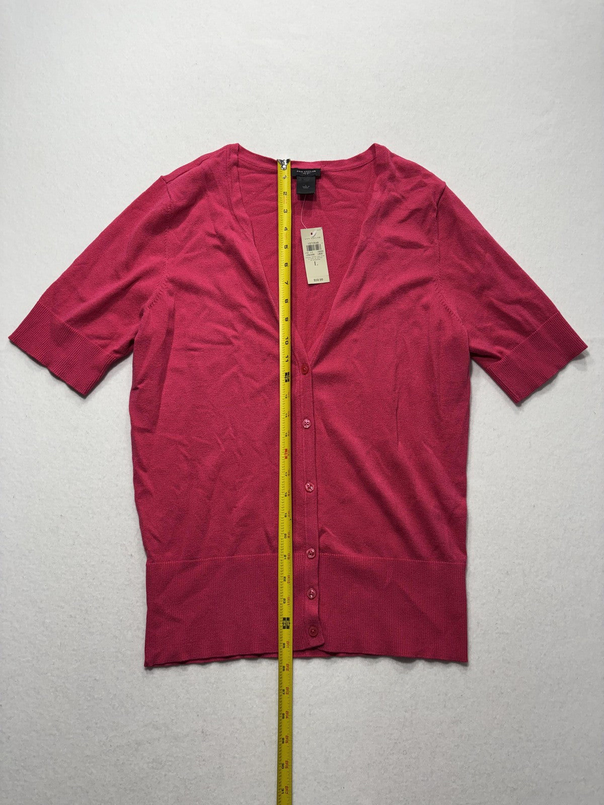 Ann Taylor Cardigan Womens Large Pink V Neck Short Sleeve Button Front Knit