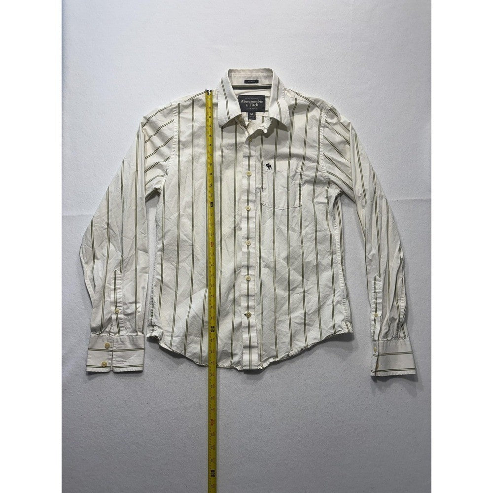 Abercrombie & Fitch Mens Medium White Green Striped Long Sleeve Slim Button Up