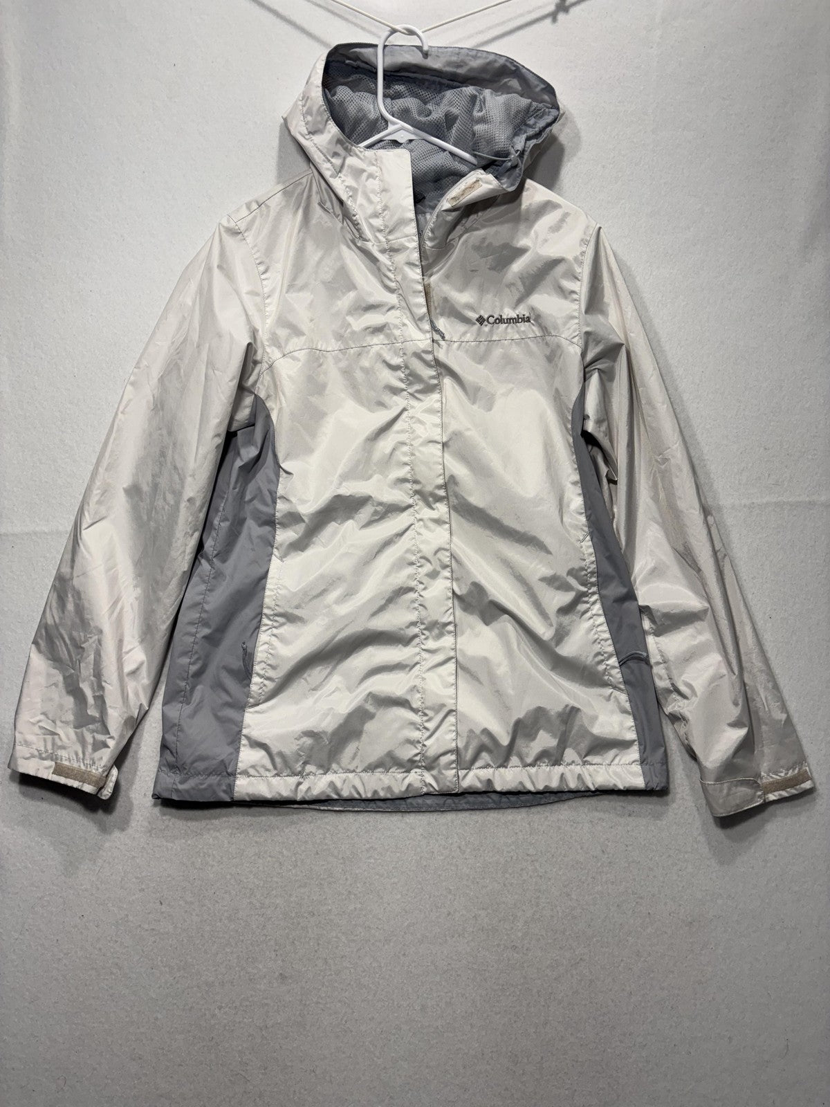 Columbia Jacket Womens M White Gray Hooded Full Zip Lightweight Windbreaker