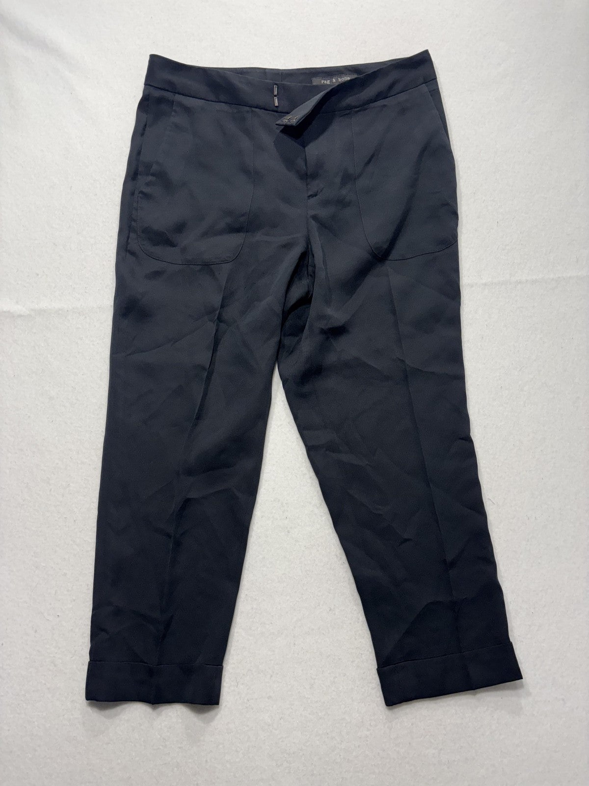 Rag & Bone Pants Womens 6 Black Cropped Straight Leg Cuffed Trousers Pockets