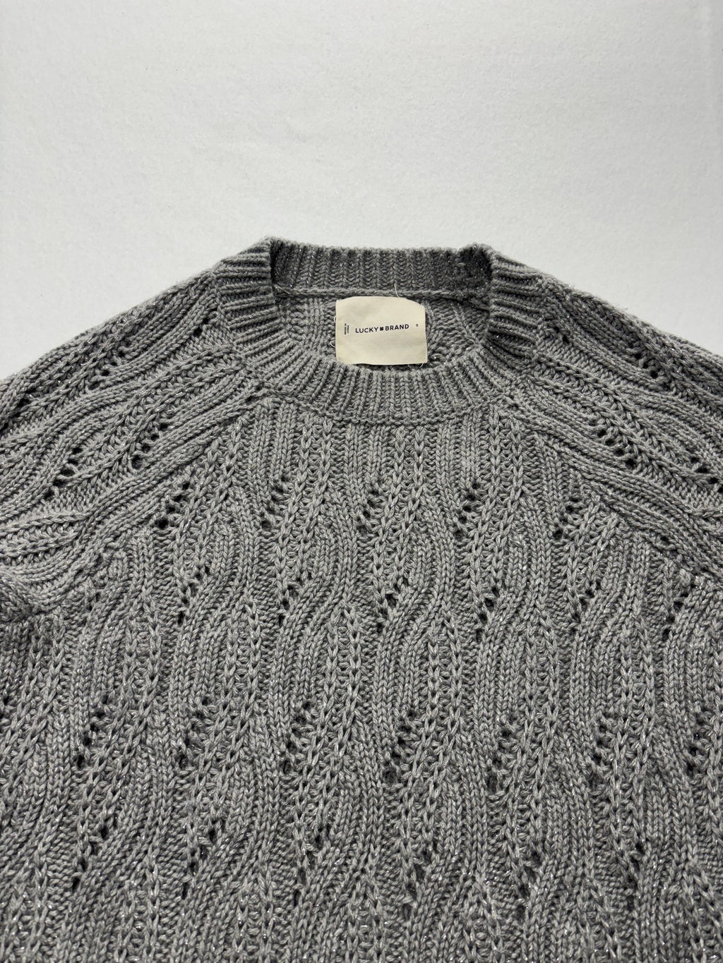Lucky Brand Sweater Womens Small Gray Open Knit Crew Neck Raglan Glitter Alpaca