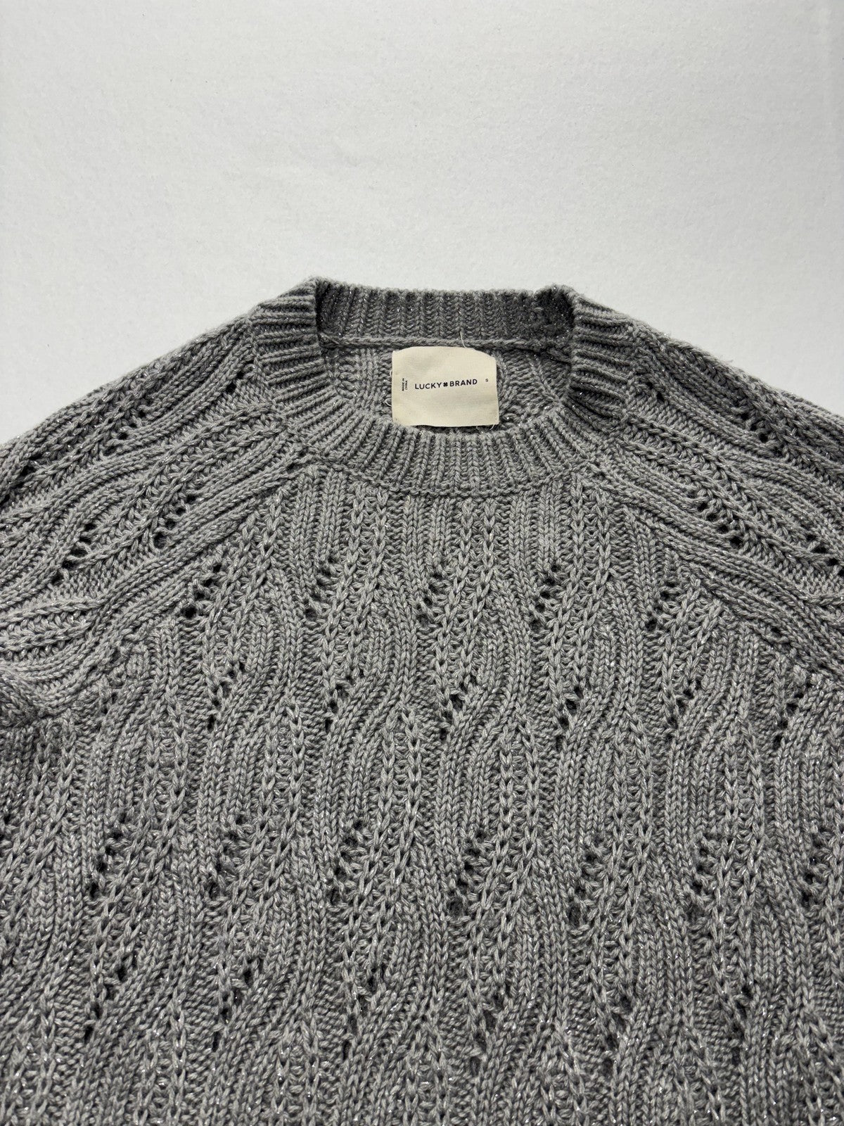 Lucky Brand Sweater Womens Small Gray Open Knit Crew Neck Raglan Glitter Alpaca