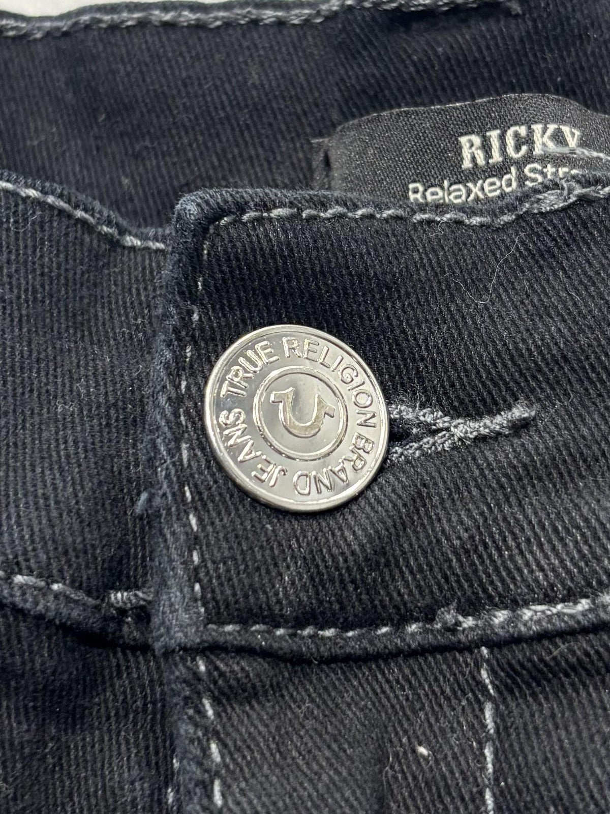 True Religion Ricky Relaxed Straight Jeans Mens 32x32 Black Dark Wash Stretch
