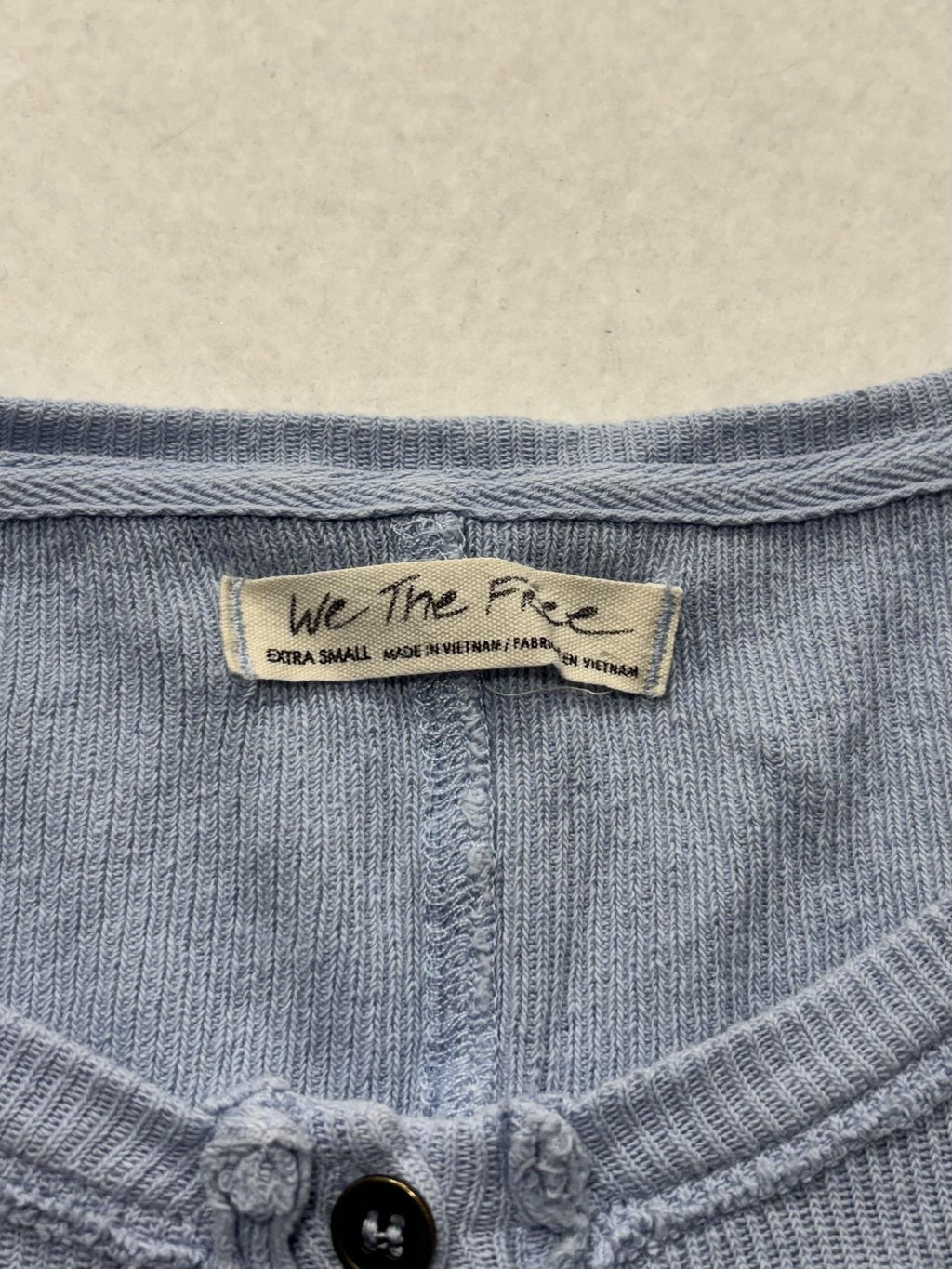 We The Free Shirt Womens XS Blue Scoop Neck Puff Sleeve Cropped Button Knit Top