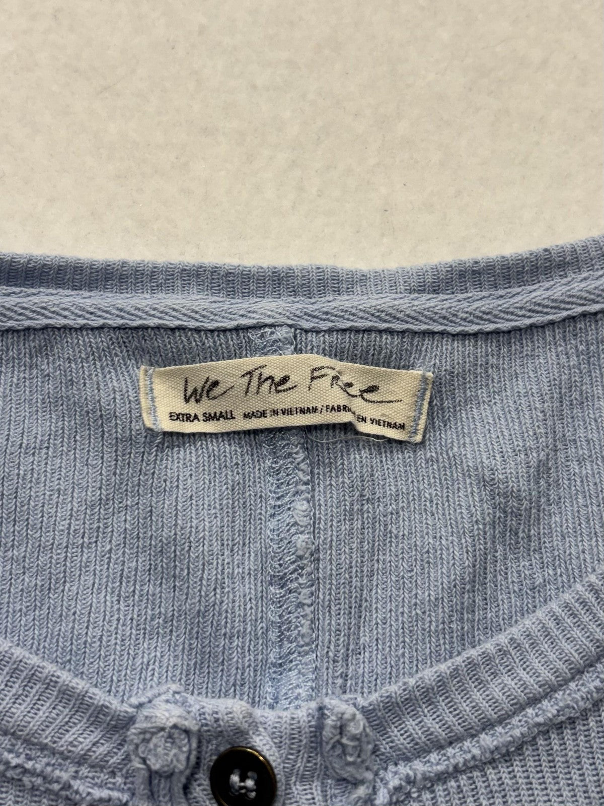 We The Free Shirt Womens XS Blue Scoop Neck Puff Sleeve Cropped Button Knit Top