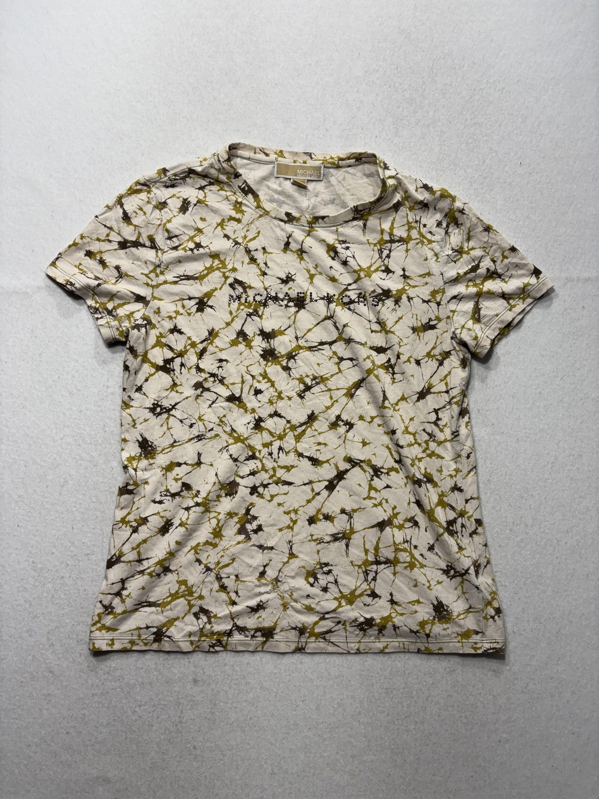 MICHAEL Michael Kors Shirt Womens Large Tan Splatter Crew Neck Short Sleeve Tee