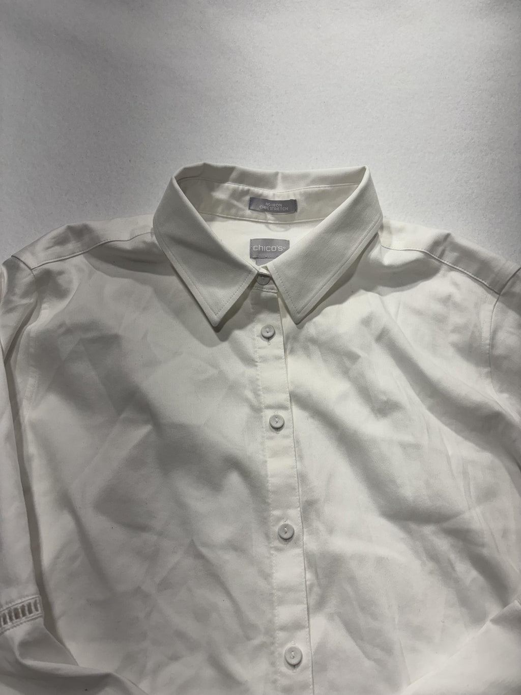 Chico's Blouse Womens 12 White Button Front Collared 3/4 Bell Sleeve Tunic Top