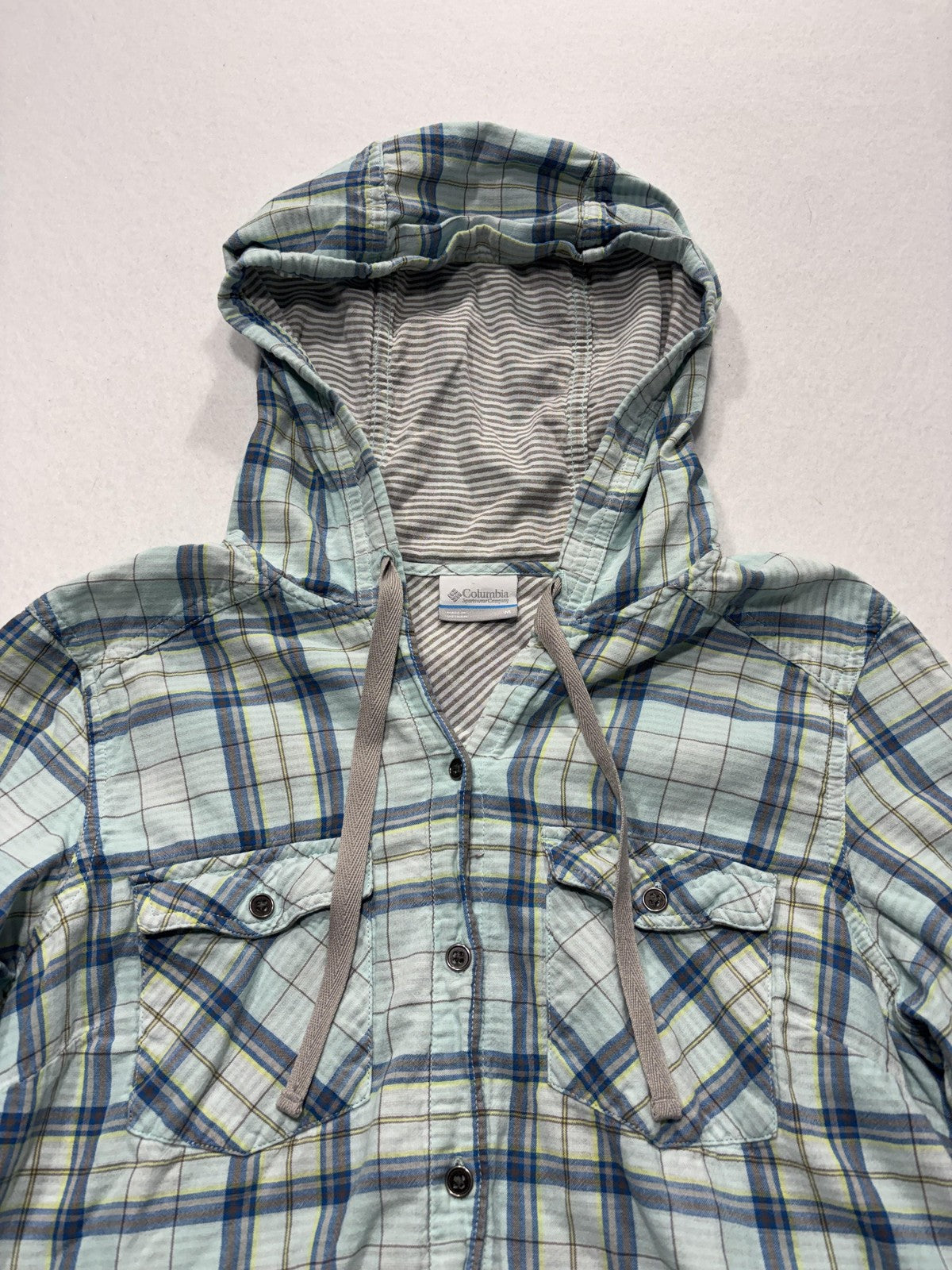 Columbia Shirt Womens Medium Blue Plaid Hooded Long Sleeve Button Up Cotton