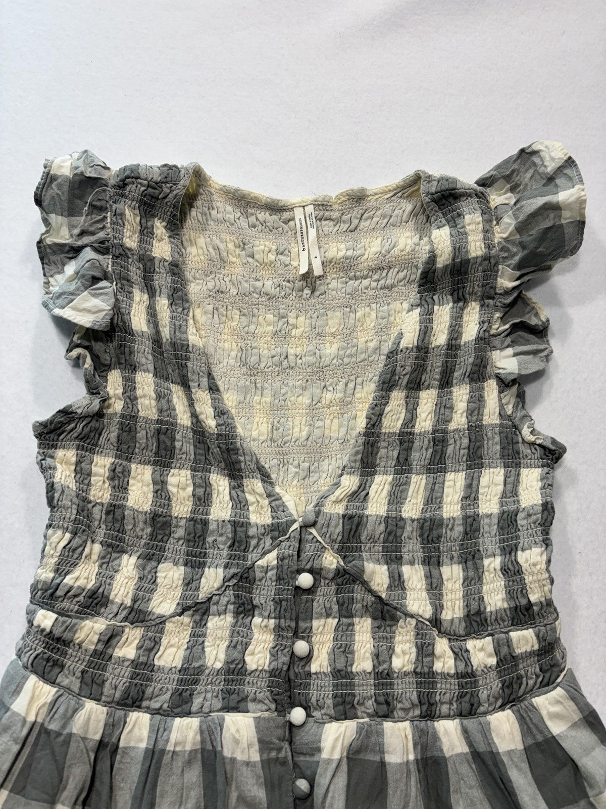Anthropologie Dress Womens Small Gray Check V Neck Smocked Ruffle Sundress Boho