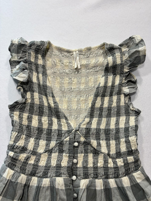 Anthropologie Dress Womens Small Gray Check V Neck Smocked Ruffle Sundress Boho