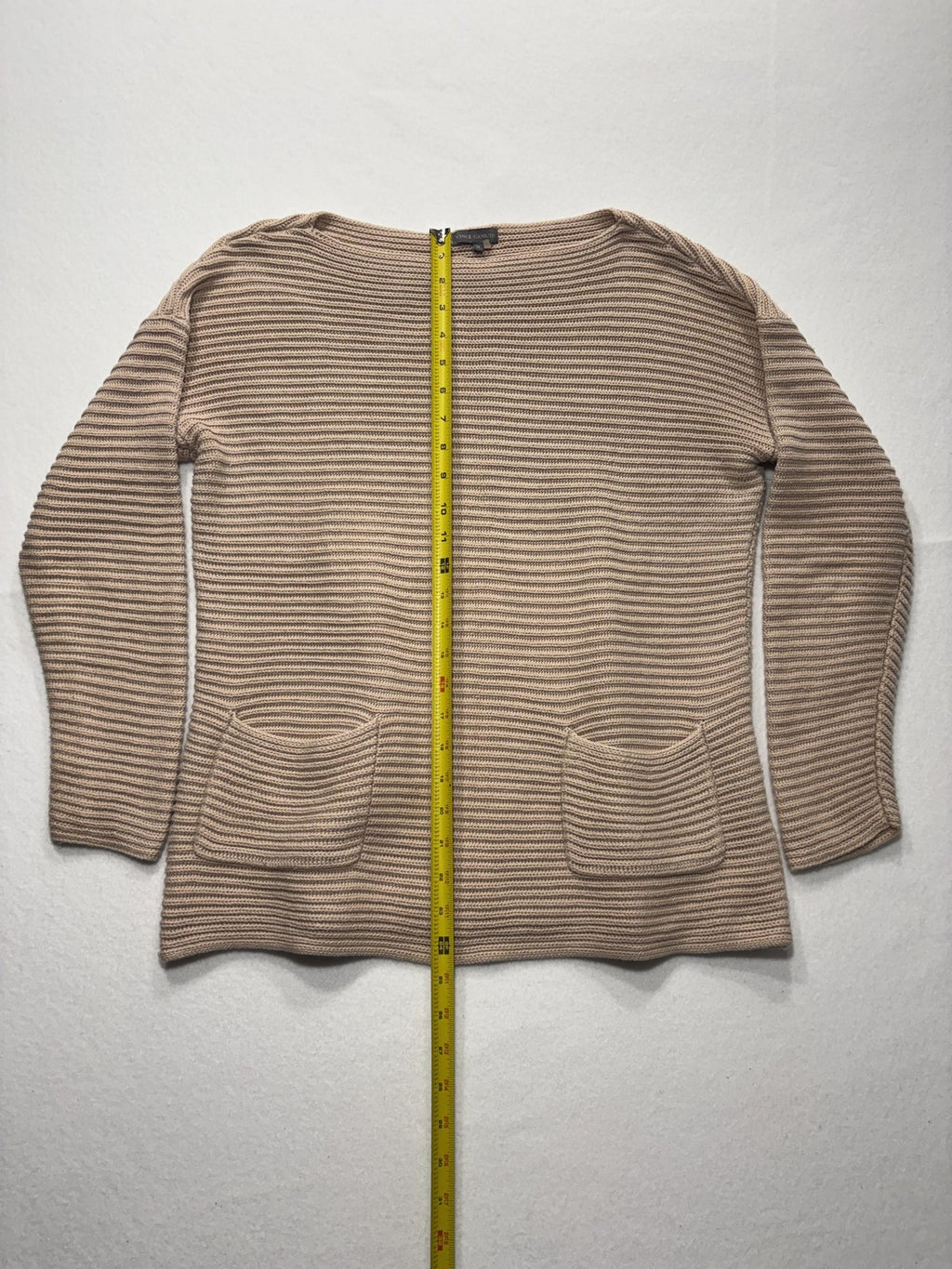 Vince Camuto Sweater Womens Medium Beige Textured Knit Boat Neck Pocket Pullover
