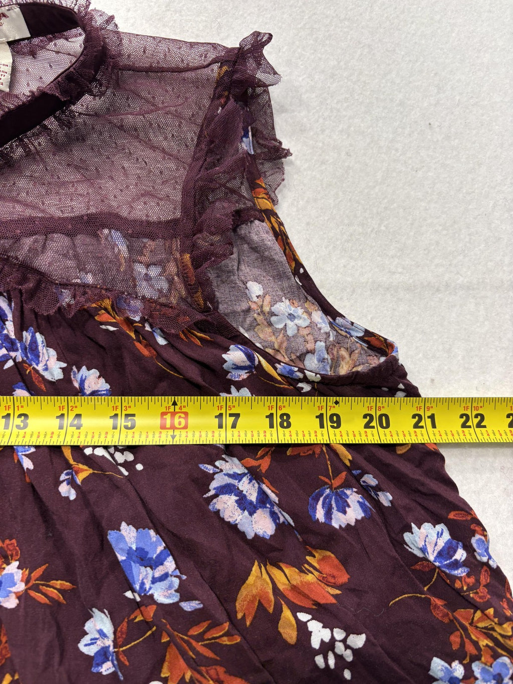 Arizona Jean Co. Blouse Juniors XL Purple Floral Mesh Mock Neck Ruffle Sheer