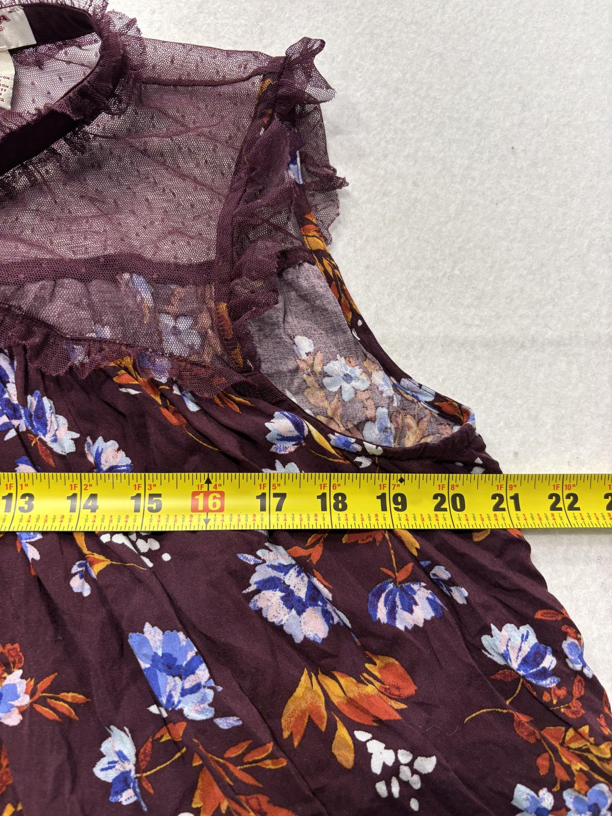 Arizona Jean Co. Blouse Juniors XL Purple Floral Mesh Mock Neck Ruffle Sheer