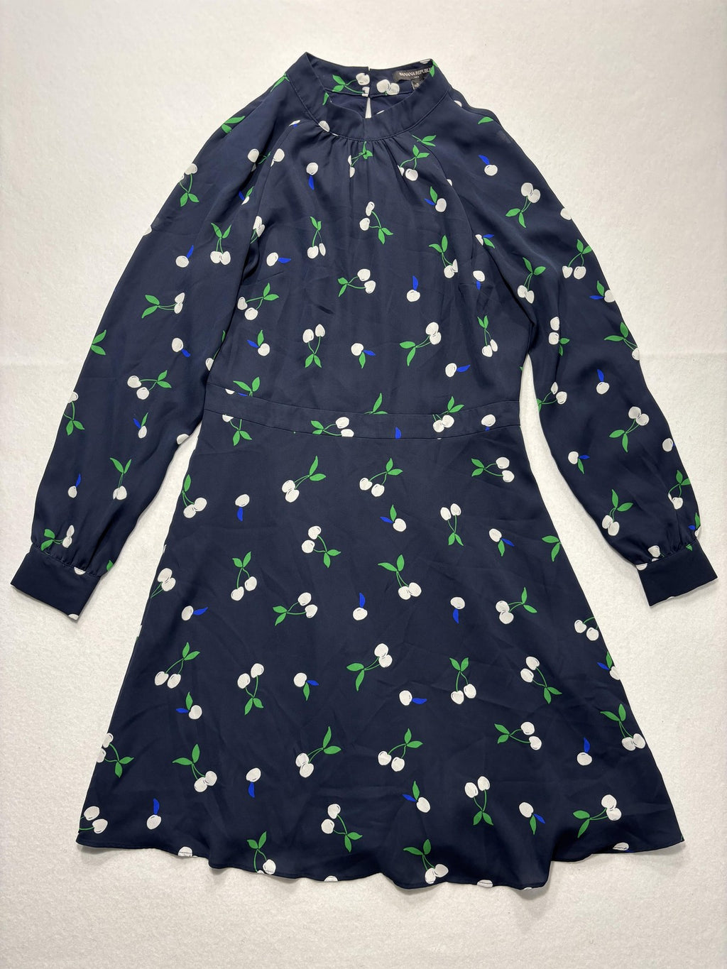Banana Republic Dress Womens 6 Blue Cherry Print Mock Neck Long Sleeve Fit Flare
