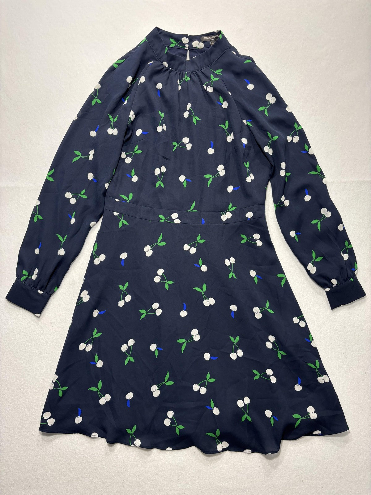 Banana Republic Dress Womens 6 Blue Cherry Print Mock Neck Long Sleeve Fit Flare