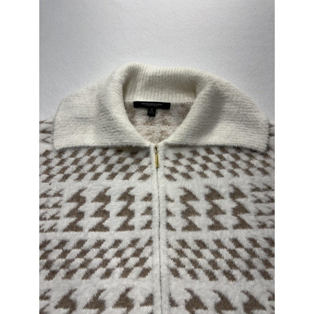 Marc New York Sweater Womens XL White Full Zip Mock Neck Geometric Pattern Knit