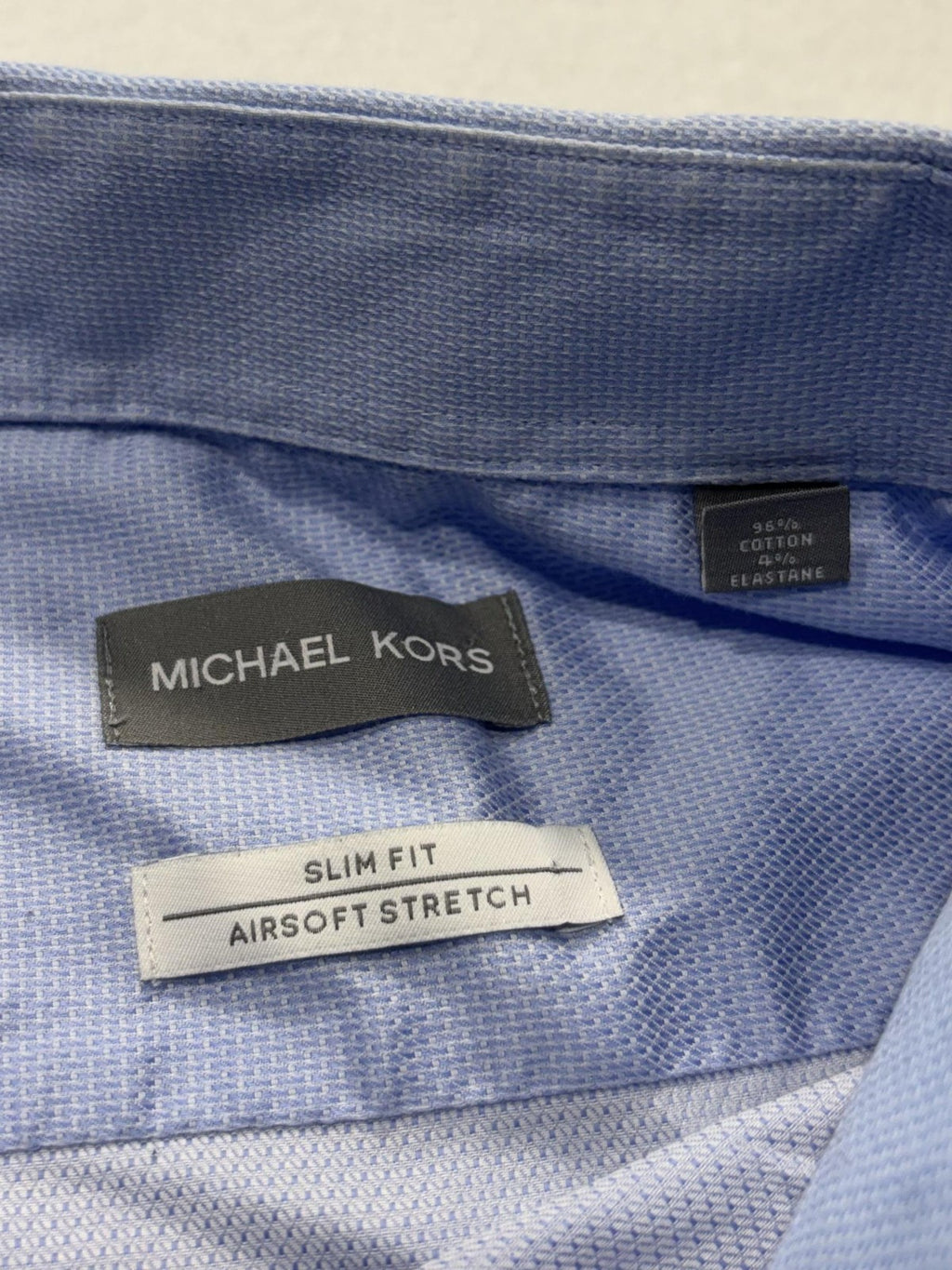 Michael Kors Dress Shirt Mens 40 Blue Geometric LS Slim Fit Airsoft Stretch