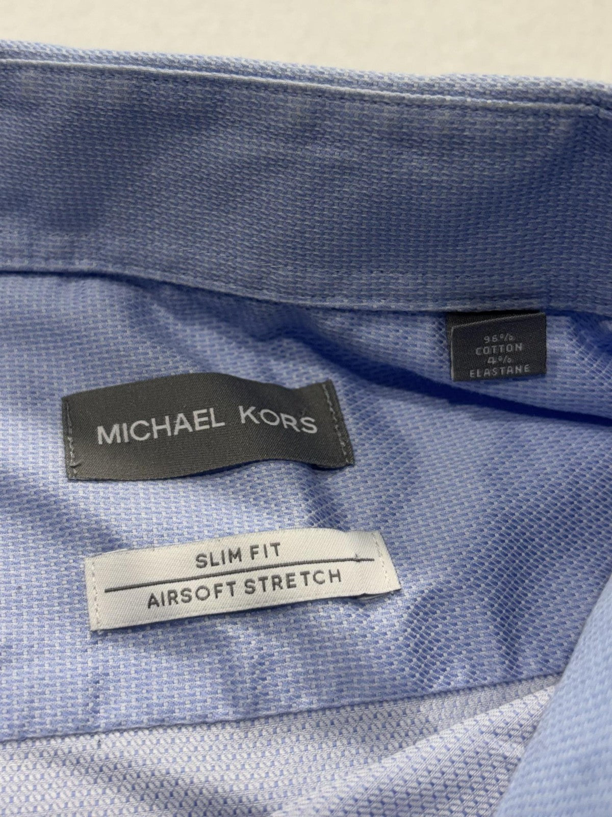 Michael Kors Dress Shirt Mens 40 Blue Geometric LS Slim Fit Airsoft Stretch