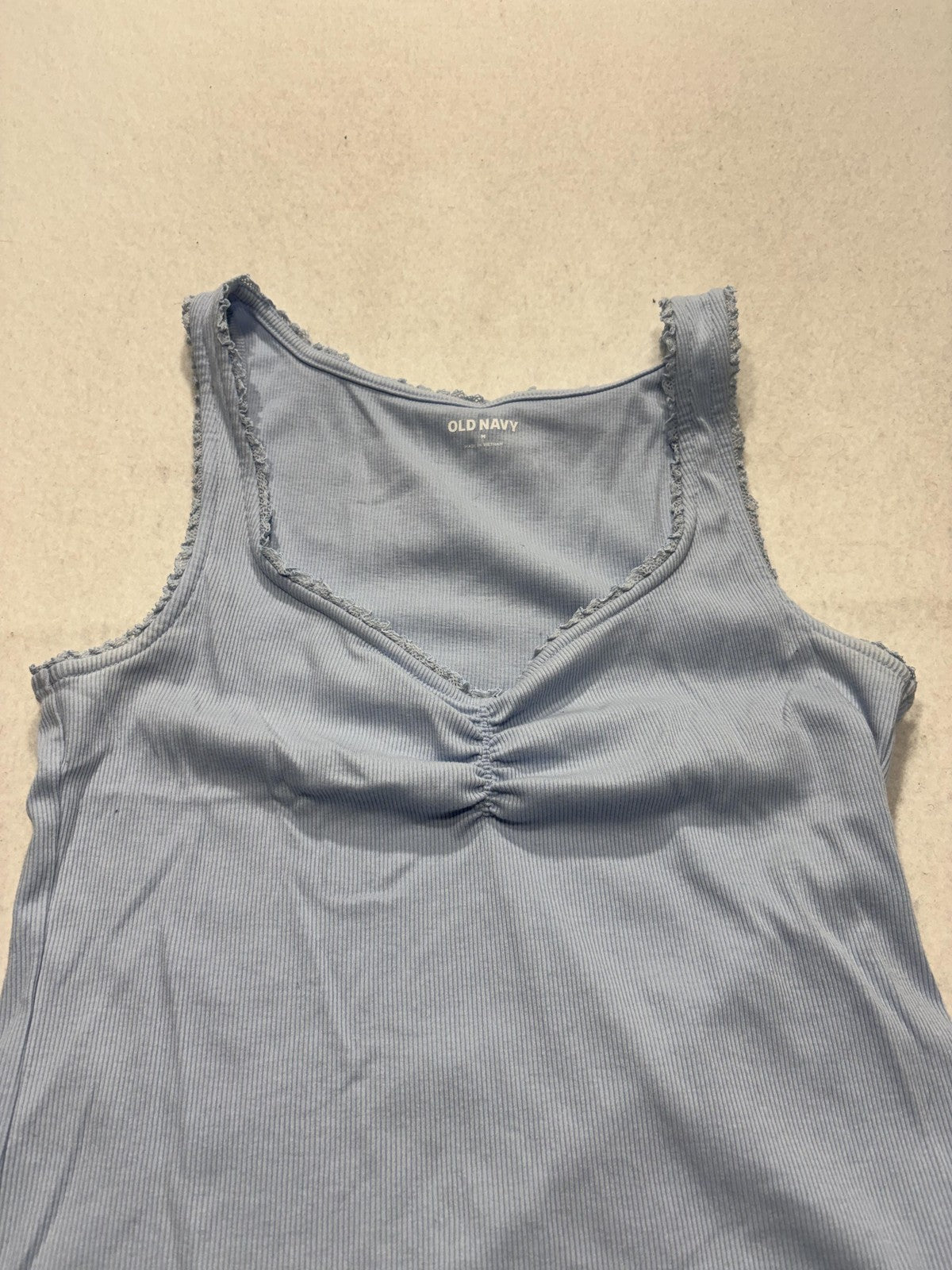 Old Navy Tank Top Womens M Blue Ruched V Neck Ribbed Lettuce Hem Casual Summer