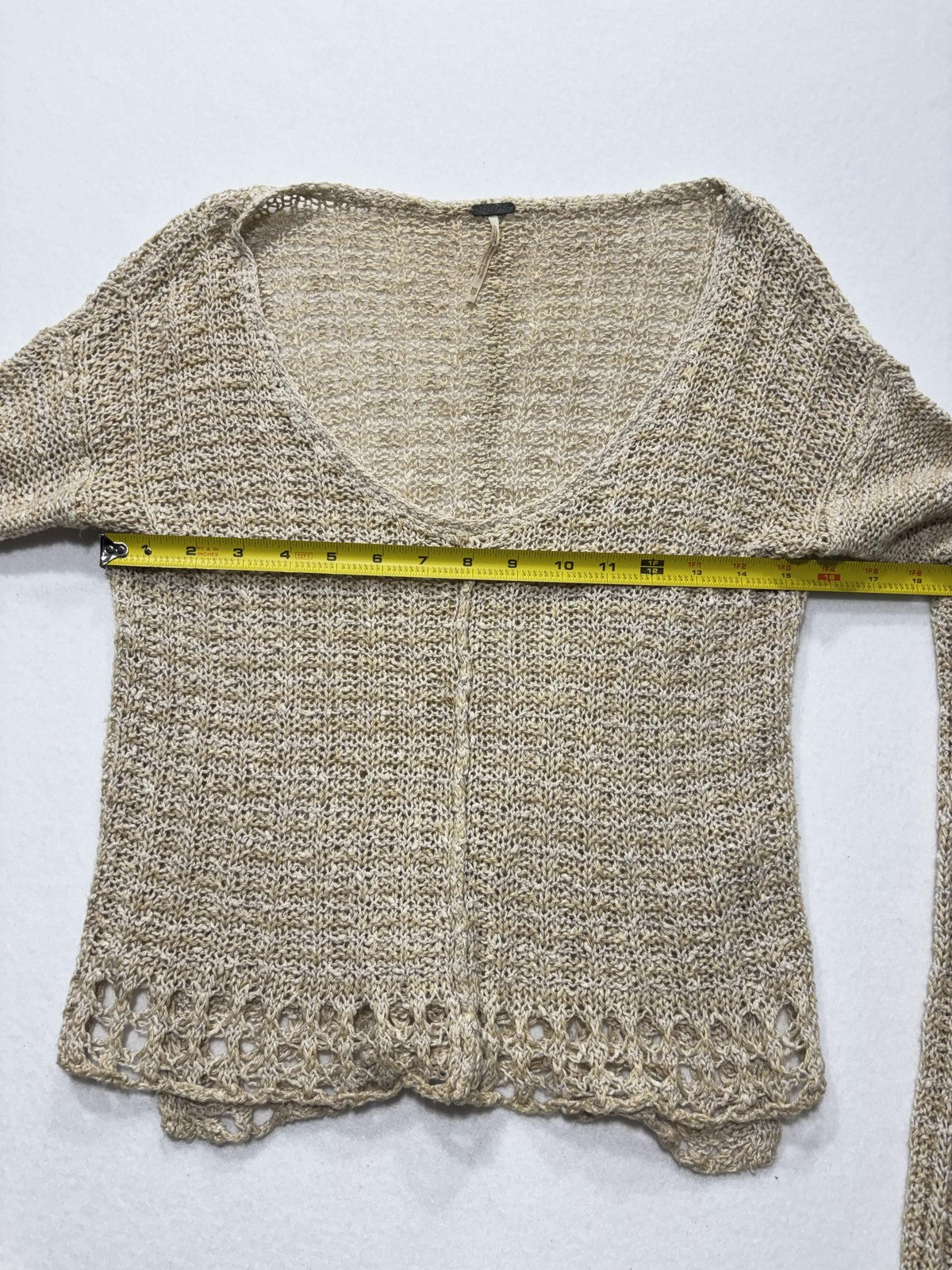 Free People Sweater Womens XS Beige V Neck Long Sleeve Open Knit Crochet Boho