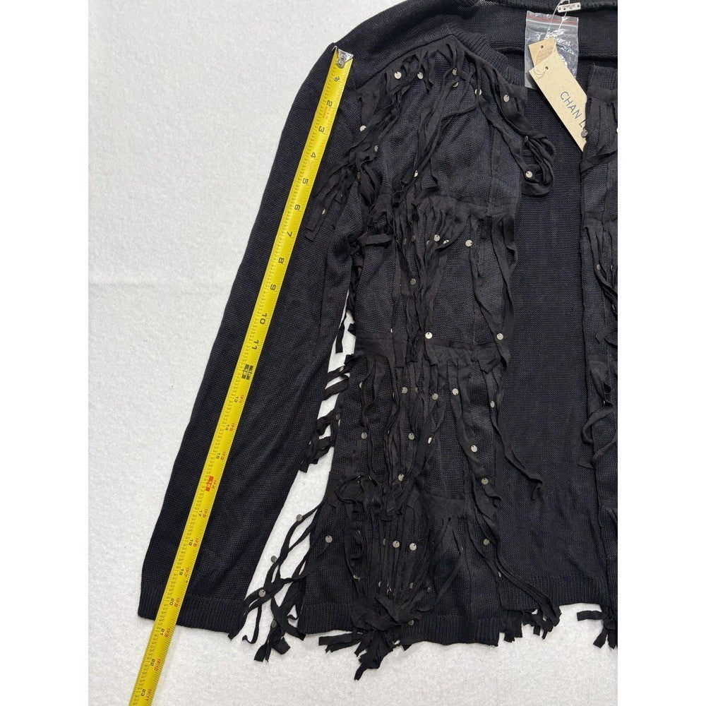 Chan Luu Cardigan Womens XS Black Fringe Sequin Knit Open Front Boho Long Sleeve