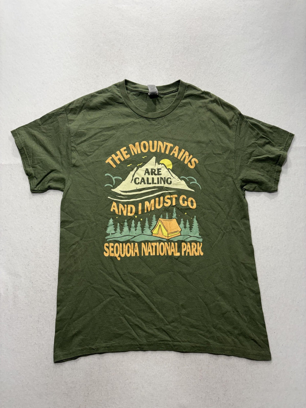 Gildan Shirt Mens Large Green Sequoia National Park Camping Hiking Graphic Tee