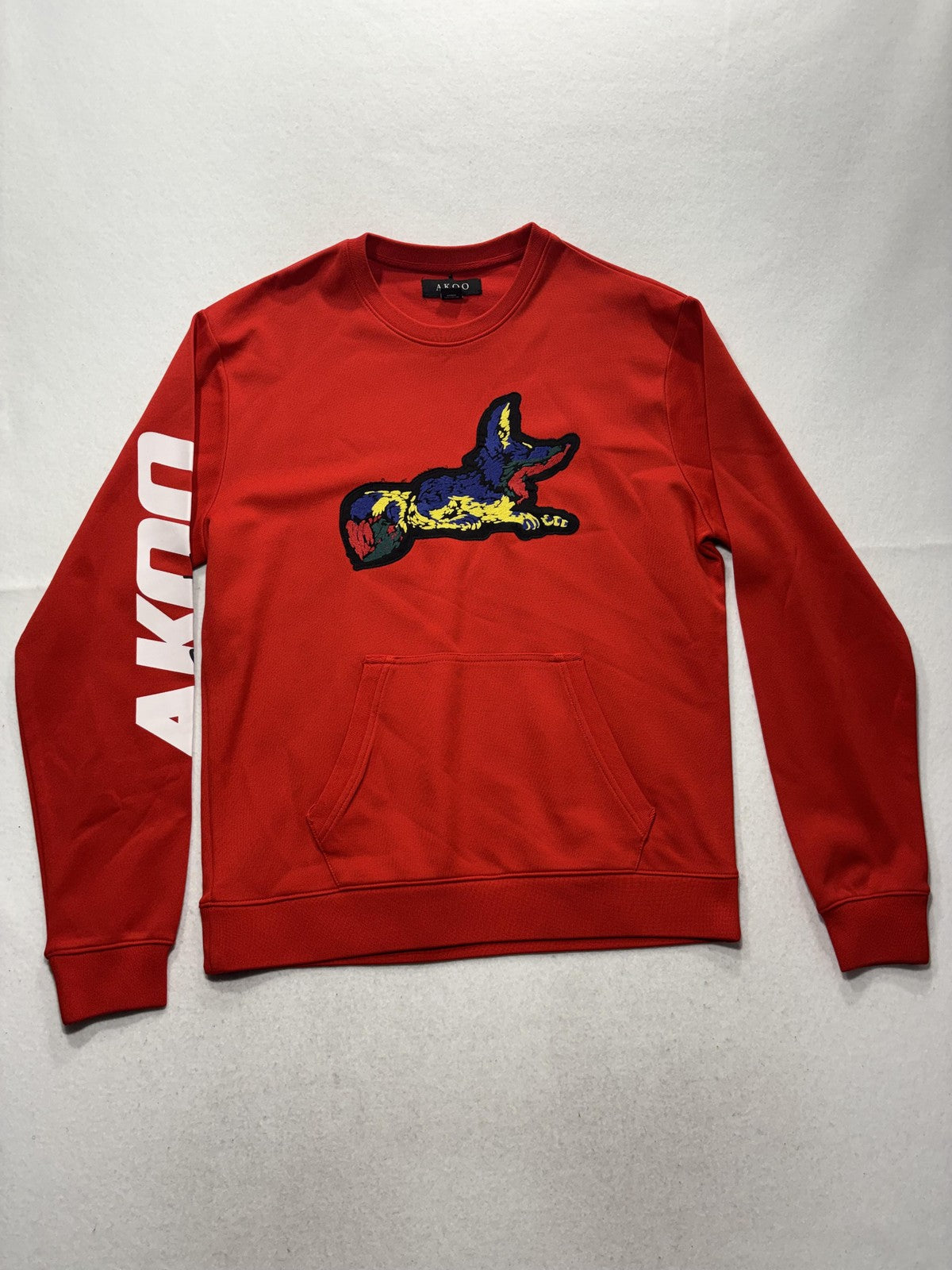 AKOO Sweatshirt Mens Large Red Fox Embroidered Pullover Kangaroo Pocket Logo