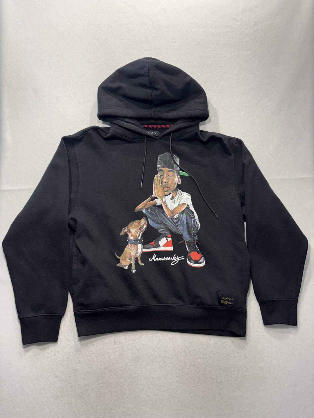 AKOO Hoodie Mens Large Black Fleece Pullover Praying Boy Dog Graphic Streetwear