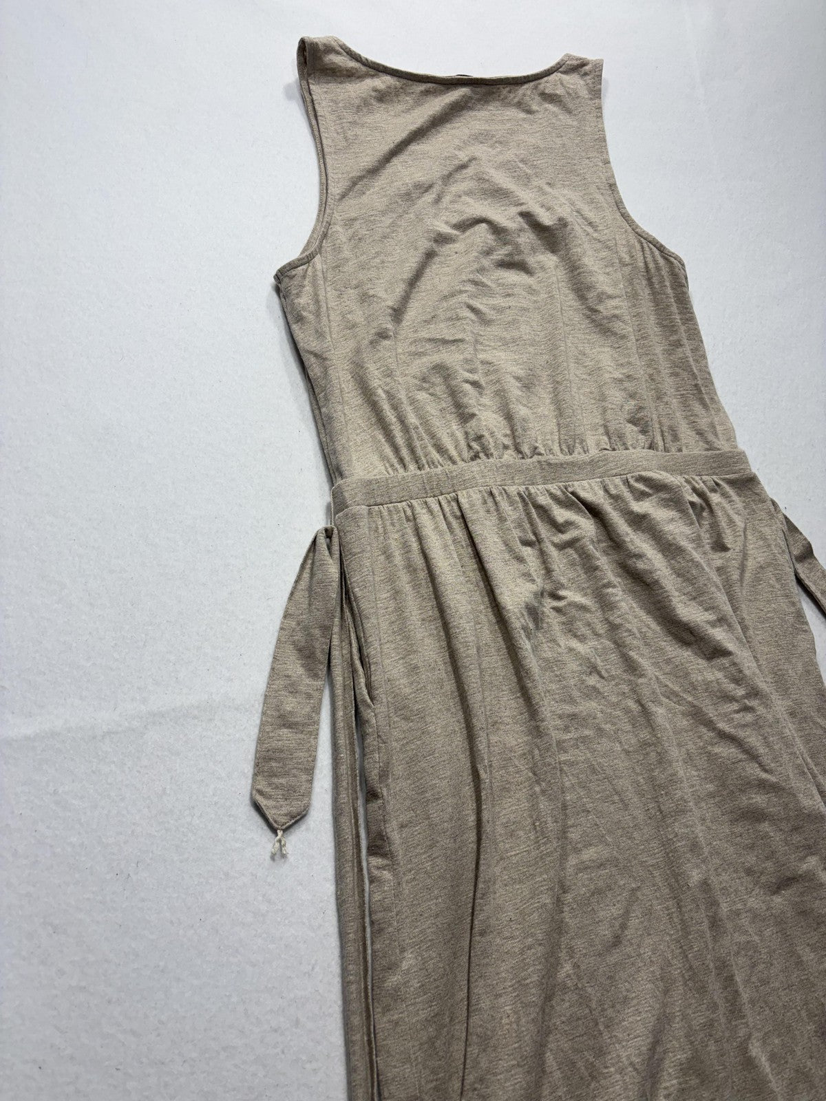 Tommy Bahama Dress Womens Medium Beige Beaded Scoop Neck Belted Hi Low Sundress
